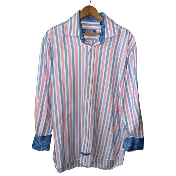 English Laundry Shirt Vintage Pink Blue Striped Button-Up Flip Cuff Size Large - Picture 1 of 6